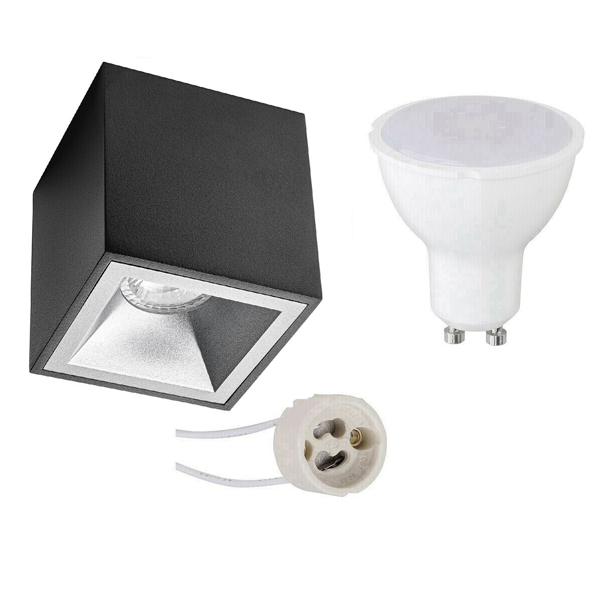 BES LED Voordeelset Opbouwspot Set - Pragmi Cliron Pro - GU10 Fitting - Dimbaar - Opbouw Vierkant - Mat Zwart/Zilver - 6W - Helder/Koud Wit 6400K - Verdiept - 90mm