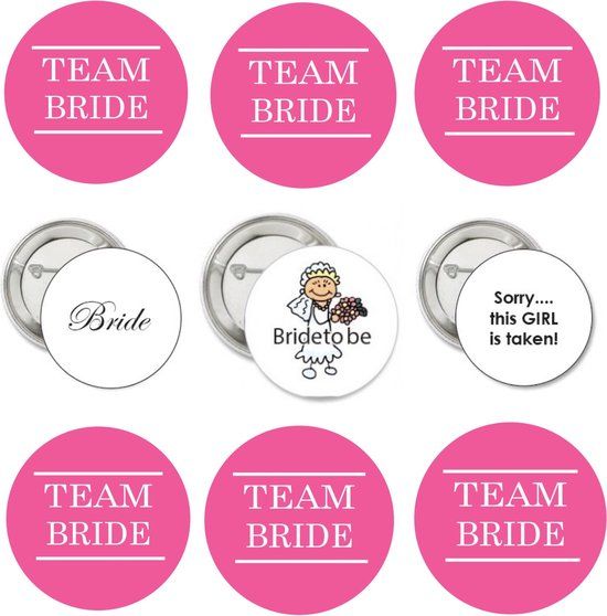 4thePerfectParty 9 Buttons Bride to Be en Team Bride - Vrijgezellenfeest - Roze/Wit