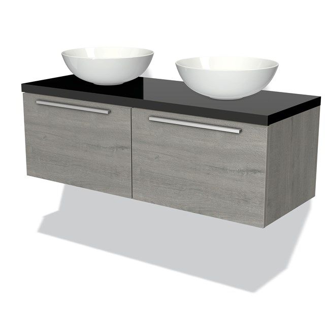 Maxaro Badkamermeubel Modulo Plato 120cm Grijs Eiken 2 Lades Zwart Blad