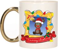 Bellatio Decorations Kerst cadeau koffiemok - kerst rendier - goud - 300 ml - keramiek