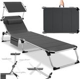 Tectake Ligbed met Zonnedak – Inklapbare Ligstoel met 6 Verstelbare Standen – Zonnebed met Hoofdkussen en Zijvak – Aluminium Frame – Draagvermogen 120 kg – Antraciet