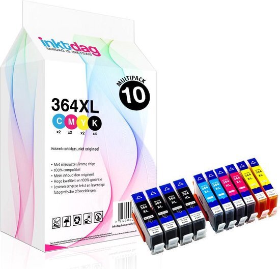 inktdag Inktcartridge voor HP 364 inktcartrdges multipack , hp 364 xl zwart x4, hp 364 xl Cyaan x 2, hp 364 xl Magenta x 2, hp 364 xl Geel x 2 Set 10 Stuks geschikt voor printers: HP Deskjet 3070,3520,3524