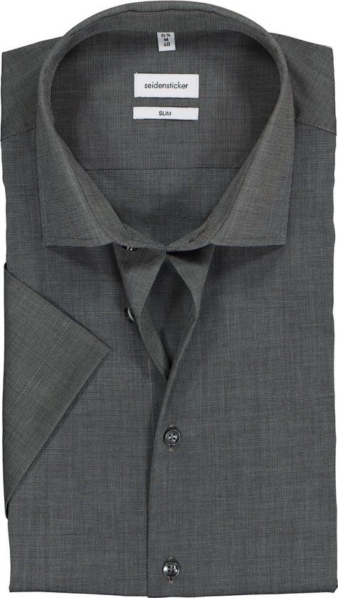 Seidensticker slim fit overhemd korte mouw grijs fil a fil - Maat 42
