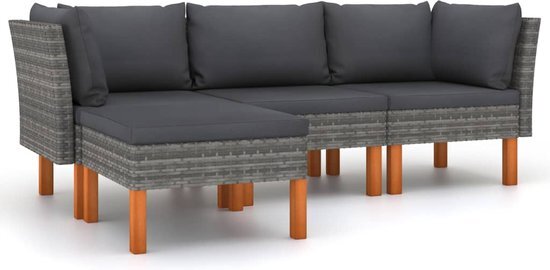 vidaXL 4-delige loungeset met kussens poly rattan grijs