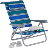 Merkloos Relaxdays strandstoel opvouwbaar, verstelbaar, laag, ligstoel met nekkussen, armleuningen & flesopener, blauw/groen/wit