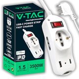 V-TAC Meervoudige stekkerdoos USB C Power Delivery 20 W + poort + 2 zijdelingse stopcontacten 10/16 A bypass en 1 frontale 10/16 A bypass Schuko - stekkerdoos type C - stopcontact voor thuis, kantoor