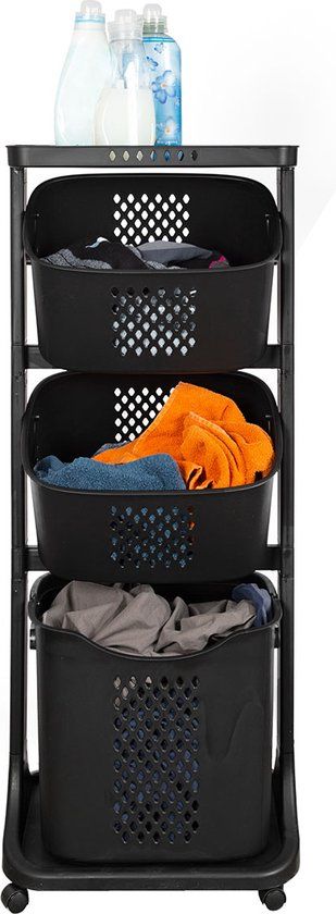 Merkloos 3-in-1 Laundry Sorter - Black Plastic with 3 Compartments, Wheels, and Handles