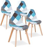 Merkloos Famanu Eetkamerstoel Set van 4 - Scandinavische, middeleeuwse stijl - Patchwork stof - Blauw