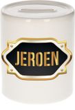 Bellatio Decorations Spaarpot met voornaam Jeroen - wit - met goud/zwart embleem - 8 x 9 cm - keramiek - met afsluitdop - cadeau verjaardag