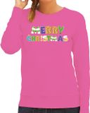 Bellatio Decorations Kersttrui / sweater voor dames - Merry Christmas - roze - vrolijke kerst L