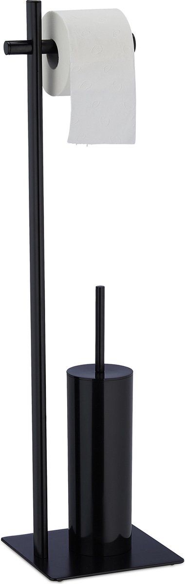 Relaxdays Toilet Accessoires Set - Zwart - Toiletrolhouder Staand - WC Borstelhouder Staal