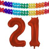 Folat Verjaardag Leeftijd folieballon - 21 jaar - rood - 86 cm - cijferballon groot - incl 2x feestslingers