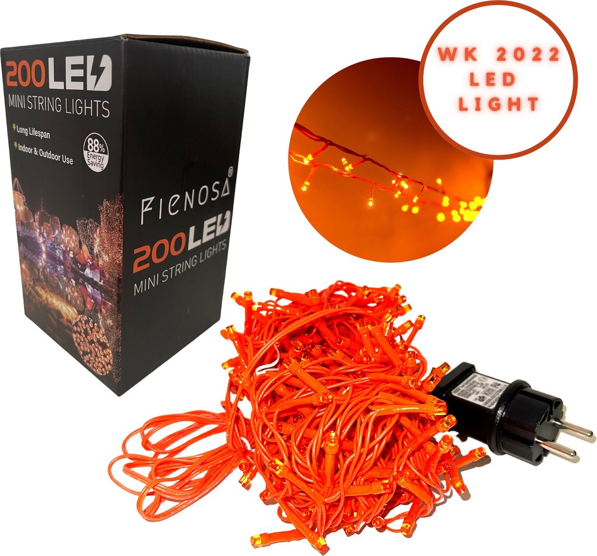 Fienosa® WK Voetbal 2022 - Lichtsnoer - Lichtsnoer Oranje - Oranje Feest Artikelen - 200 Lampjes - 8 meter snoer - Oranje Led Slinger - Kerstverlichting Binnen - Kerstverlichting Buiten - Fienosa