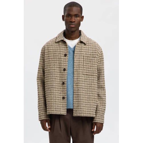 Selected geruit overshirt met wol bruin