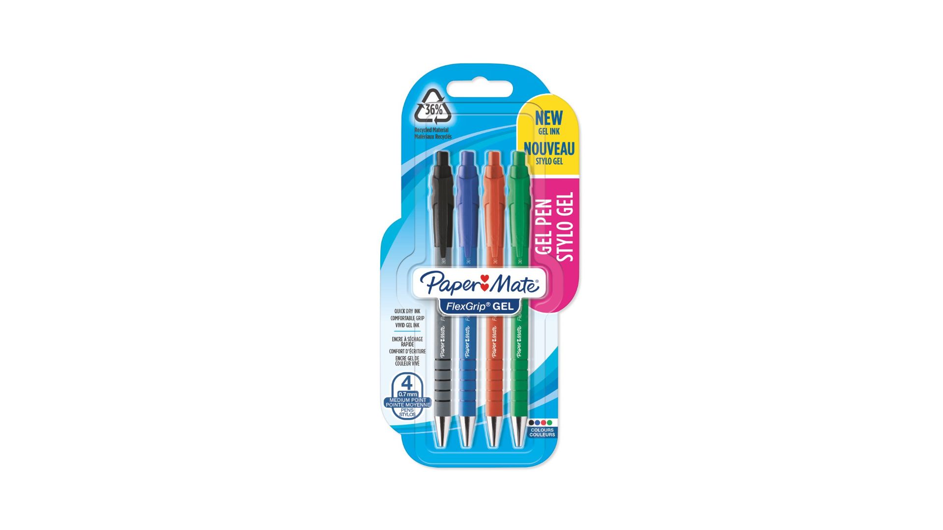Paper Mate FlexGrip Gel Retractable Gel Pen - Medium Point - Black, Blue, Green, Red - 4 Pack