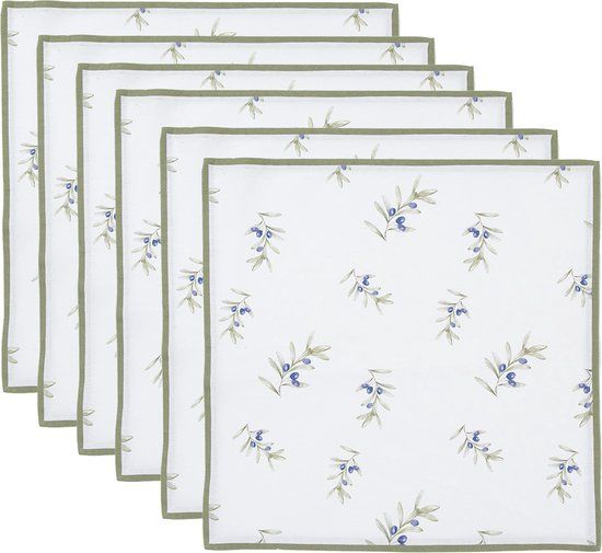 Clayre & Eef Servetten Katoen Set van 6 - 40x40 cm - Wit - Vierkant - Olijven