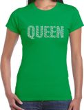Bellatio Decorations Glitter Queen T-shirt groen met steentjes/rhinestones voor dames - Glitter kleding/foute party outfit L