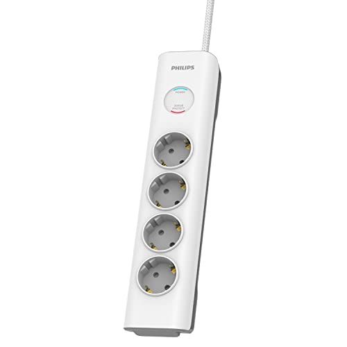 Philips SPN7040WA/10 Stekkerdoos - 4 Stopcontacten, Stroomvergrendeling, 3.680 W, 600 J, Gevlochten Netsnoer, 2 m