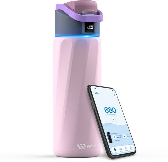 WaterH BOOST - Slimme Waterfles met Herinnering om Water te Drinken & Water Tracker Fles - Dubbelwandige stalen drinkfles - Wijde opening - 710ml - Roze