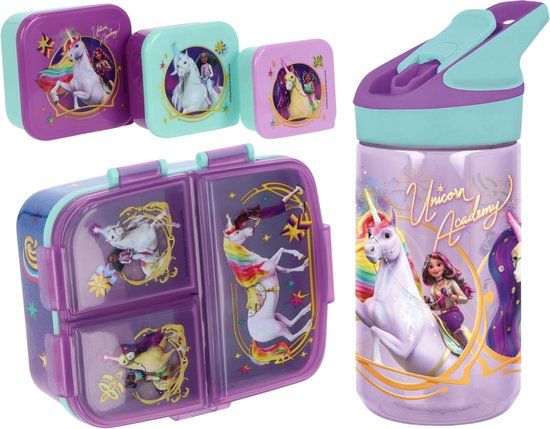 4KidsOnly Danneels Trading Unicorn Academy lunchset; drinkfles, lunchbox en snackbox