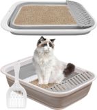 Merkloos Inklapbare kattenbak met schep, lage instap, grijs, 53 x 40 x 13,5 cm