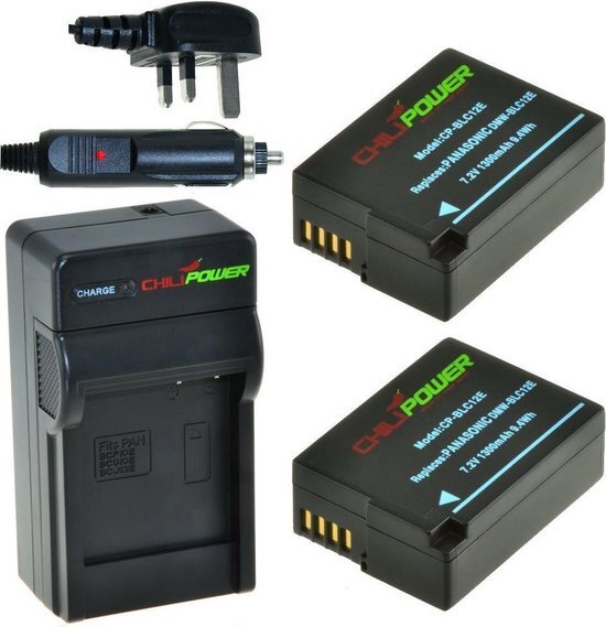 ChiliPower 2 x DMW-BLC12 accu's voor Panasonic - Charger Kit + car-charger - UK version 2 x DMW-BLC12 accu's voor Panasonic - Charger Kit + car-charger - UK version