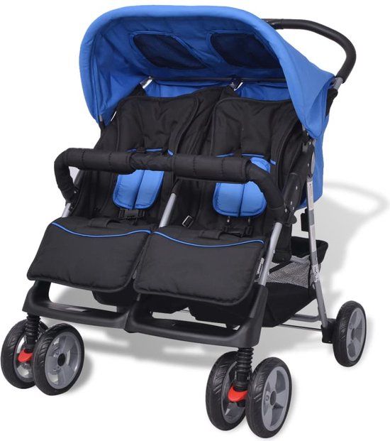vidaXL Tweelingbuggy - Staal - Blauw en Zwart