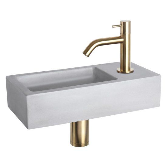 Differnz Ravo Fonteinset - Beton - Lichtgrijs - Gebogen Kraan - Mat Goud - 38.5x18.5x9cm