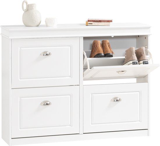 SoBuy FSR79-W Smalle Schoenenkast met 4 Kleppen & 8 Verstelbare Planken – Wit, 105×83×24cm