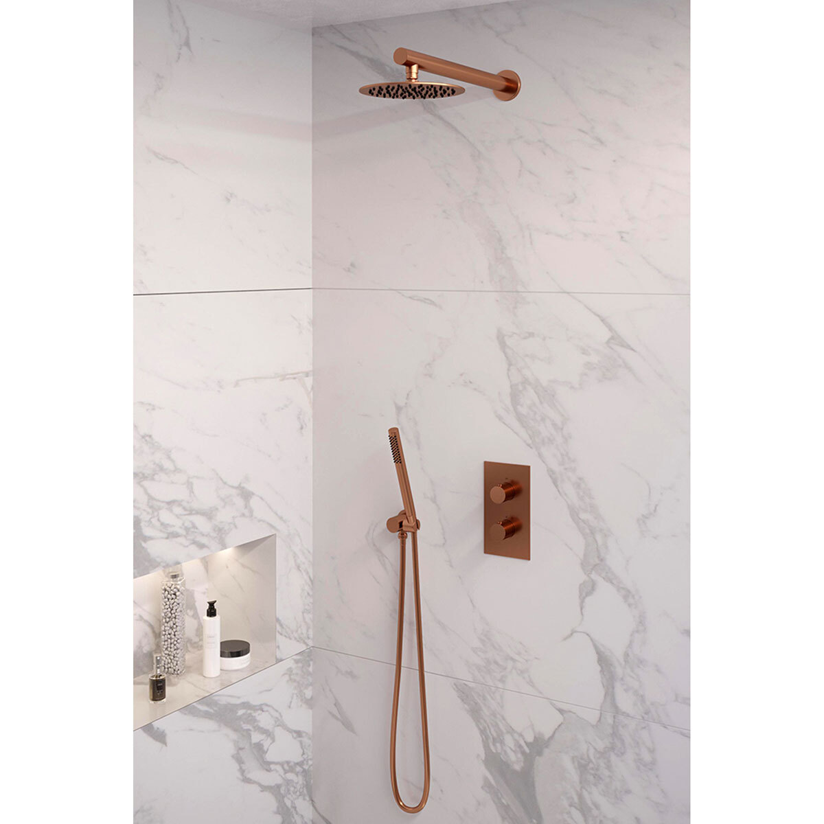 Brauer Regendoucheset 25 Inbouw Muur Copper Edition 20cm Rond Geborsteld Koper PVD 2 Greeps 3-weg met Thermostaatkraan en Staafhanddouche