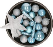 Decoris Kerstballen Set - 34-delig - Lichtblauw - Kunststof - Inclusief Piek