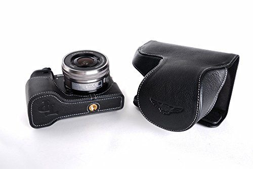 TP Handgemaakte Echt Lederen Full Camera Case Hoes voor Sony A6300 met 16-50mm Lens Bruin en Zwart, Zwart