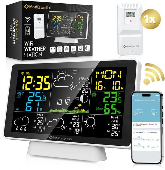 MostEssential Premium Weerstation - Hygrometer Binnen & Buiten - Draadloos - 100M Bereik