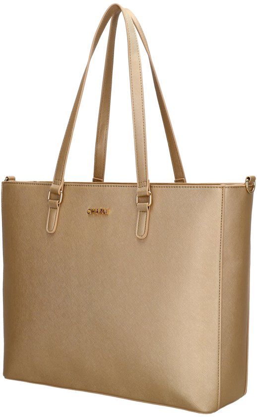 Charm London Birmingham Hand & Schoudertas Shopper 15,6 inch Laptopvak Ideale School Werk Business Tas - Tote Bag - Dames Tas - Licht goud