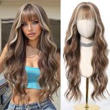 Bol Perruque longue ondulée brune avec reflets pour femmes en cheveux synthétiques naturels ombrés pour un usage quotidien en soirée