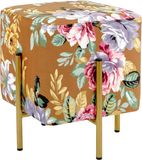 Baroni Home Fluweel gestoffeerde zitzak voetensteun kruk met bloemenprint op cognac basis - Afmetingen: 33 x 33 x 38 cm