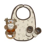 Interbaby - Cadeauset voor pasgeborenen, model uil, ca. 0 tot 6 maanden, 3-delige set bestaande uit rammelaar, slabbetje en peucos