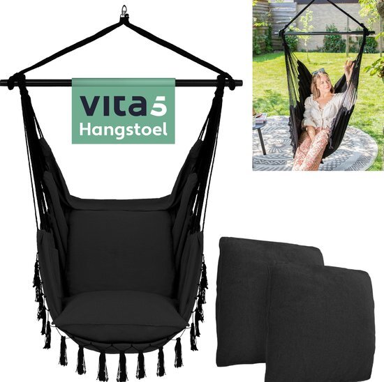 Vita5 Egg Hangstoel – Binnen en Buiten – Cocoon Stoel - met Standaard - tot 150kg – Opvouwbaar - Incl. Kussen & Beschermhoes – Zwart