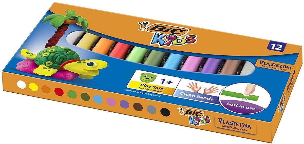 Bic Kids Modeling Klei - Verschillende kleuren - Pack van 12 - Herbruikbare ambachtelijke klei plasticine voor kinderen leeftijd 1+ - Europese veiligheid conform