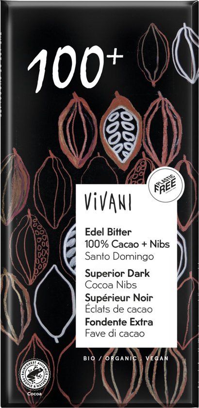 Vivani Chocolade Puur 100% + Cacao Nibs 80g
