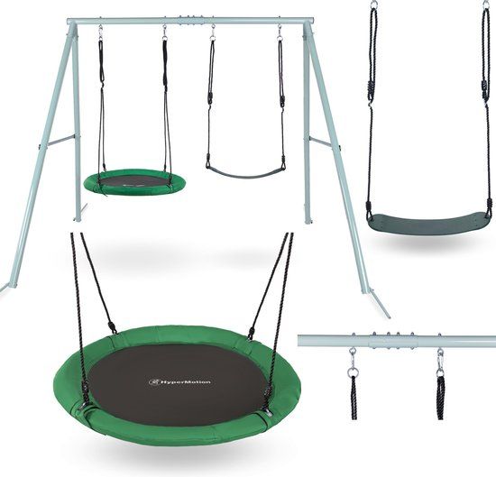 HyperMotion Kinderschommel 3+ - Dubbele Tuinschommel met Frame en Touwen, Ronde Nestschommel, Zitbank - Grijs/Groen