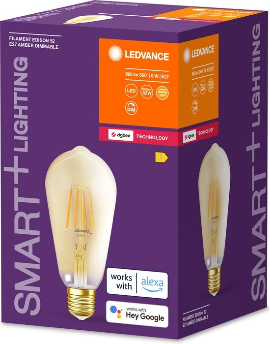 Ledvance Slimme LED-lamp met ZigBee, E27, Dimbaar, Warm wit (24--K), Gouden Edison vorm, Heldere gloeidraad, Vervanging voor 55W gloeilampen, Bedienbaar met systemen zoals Alexa, Google of Hue, 1-pack