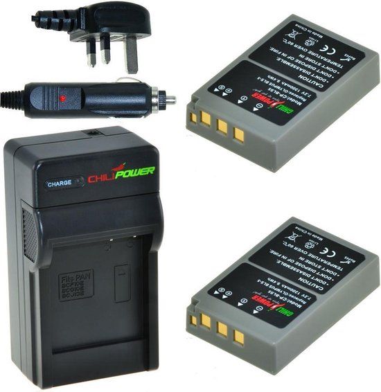 ChiliPower 2 x BLS-5 Batteries for Olympus - Charger Kit + Car Charger - UK Version