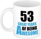 Bellatio Decorations Shoppartners Bv Verjaardag 53 jaar Koffiemok Cadeau - Great years of being awesome - wit/blauw - beker - Jubileum - voor heren - mannen