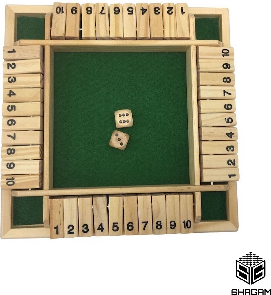 Shagam Shut The Box - 4 Spelers - Dobbelspel - Hout - Inclusief dobbelstenen - Drankspel - Houten Spel - Kansspel - Reisspel - Rekenspel