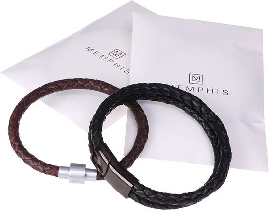 Memphis dubbele wrap armband Duo Leer Bruin Zwart-23cm