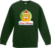 Bellatio Decorations Bol Kersttrui sweater voor kinderen - groen - Merry Christmas - oranje kat / poes kerstbal - kerstdiner kleding 110/116