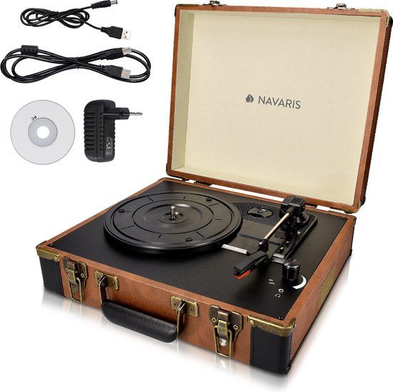 Navaris Retro Draagbare Koffer Platenspeler - Vinyl Platenspeler met USB - Bruin