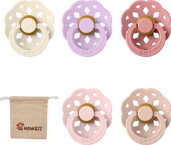 Bibs Boheme Fopspenen - Maat 1 (0-6 maanden) - 5 stuks - Verschillende kleuren + Monkiezz speenzakje
