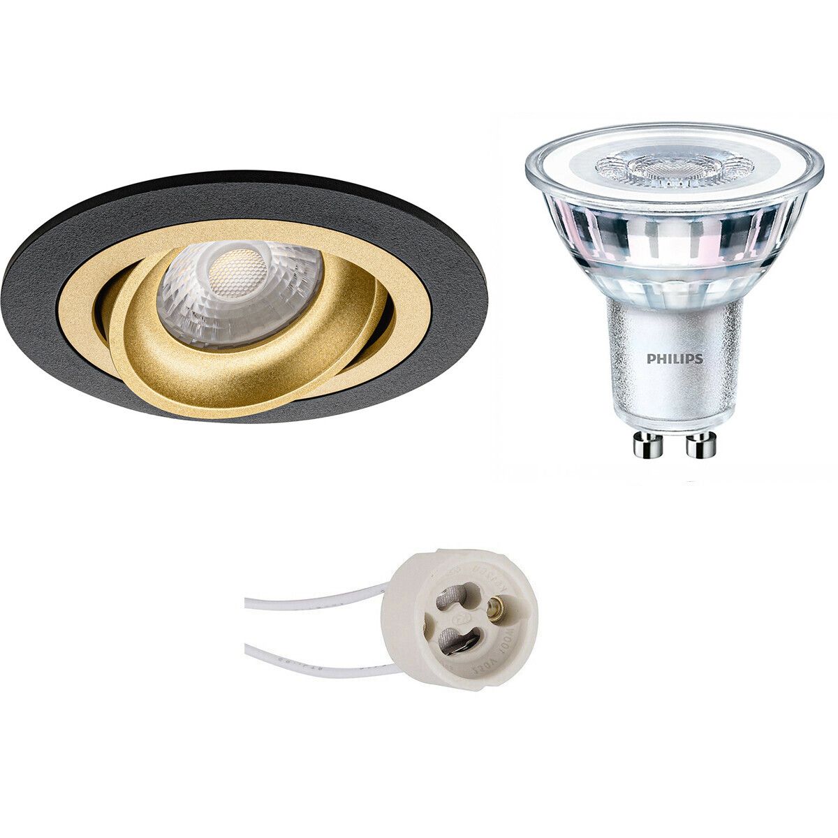 BES LED LED Spot Set - Pragmi Alpin Pro - GU10 - Inbouw Rond - Mat Zwart/Goud - Kantelbaar - Philips CorePro 830 - 3.5W - Warm Wit